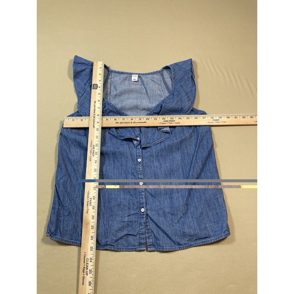 Old Navy Women's Blue Denim Ruffle Shirt Blouse Size Small 100% Cotton Romantic - Picture 5 of 7